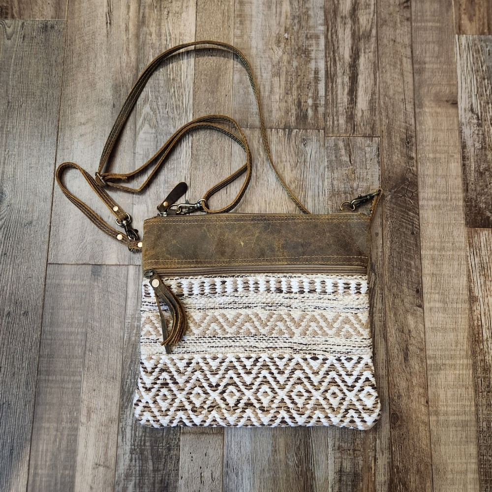 Myra Bag Brown Woven Geometric Leather Canvas Crossbody Bag Boho Small Messenger
